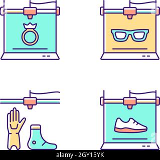 Building 3d objects process RGB color icons set Stock Vector