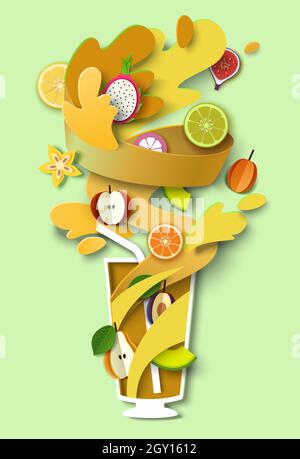 Glass of tasty mixed fruit smoothie, vector paper cut illustration. Healthy summer fruit drink. Food rich in vitamins. Stock Vector