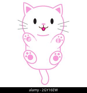 Funny cartoon cat, cute vector illustration in flat style. White and pink cat. Smiling fat kitten. Positive print for sticker, cards, clothes, textile Stock Vector