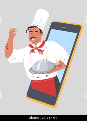 Restaurant chef with dish from smartphone, flat vector illustration. Online food order and fast home delivery service. Stock Vector