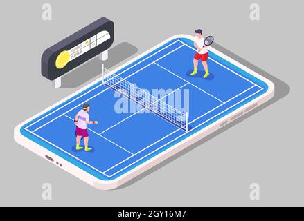 Mobile tennis, vector isometric illustration. Tennis court, players, scoreboard on smartphone screen. Online sport game. Stock Vector