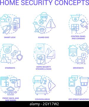 Home security blue gradient concept icons set Stock Vector