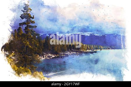 Lake Tahoe is a large freshwater lake in the Sierra Nevada mountains in the United States, located between the California and Nevada borders Stock Photo