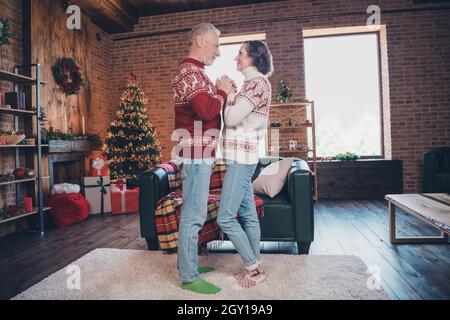 Photo of happy pensioner lover couple hold hands enjoy atmosphere wear deer print pullover in decorated home indoors Stock Photo