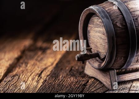 Wooden barrel with wiskey, wine, cognac, rum or beer. Stock Photo