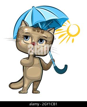Funny cute Cat with an umbrella. There is no rain and the sun is shining. The kid is an animal. Illustration for children. Cartoon style. Isolated on Stock Vector