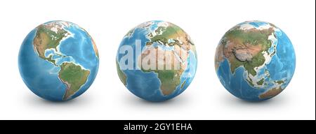 Planet Earth globes, isolated on white. Geography of the world from space, focused on America, Europe, Africa and Asia. Elements furnished by NASA