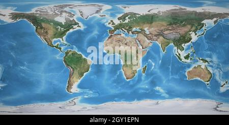Physical map of the World, with high resolution details and land borders. Flattened satellite view of Planet Earth. Elements furnished by NASA Stock Photo