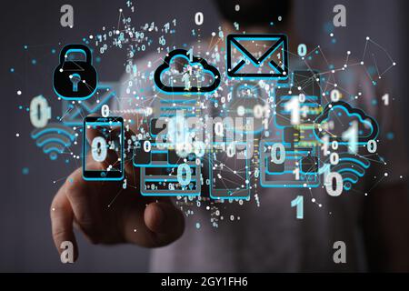 Close up shot on a man's fingers touching 3d Actionable Analytics Connecting people on the internet Stock Photo