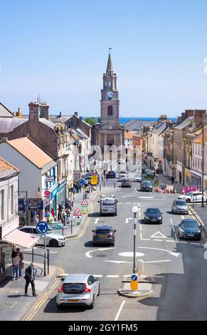 Aerial View of Shops and businesses on Marygate with Town Hall and Butter Market Berwick-upon-Tweed or Berwick-on-Tweed Northumberland England GB UK Stock Photo