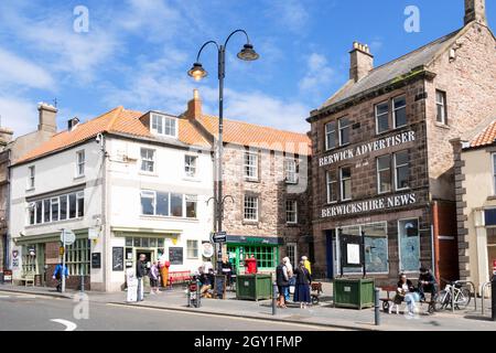 Shops and businesses and the old Berwick Advertiser building on Marygate in Berwick-upon-Tweed or Berwick-on-Tweed Northumberland England GB UK Europe Stock Photo