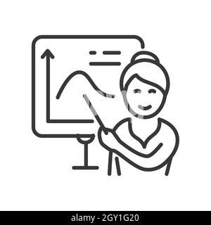 Maths lesson - vector line design single isolated icon on white background. High quality black pictogram. Happy woman, teacher, showing presentation a Stock Vector