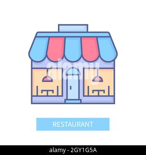 Restaurant - modern colored line design style icon on white background. Neat detailed image of cozy street cafe. One of those public places where you Stock Vector