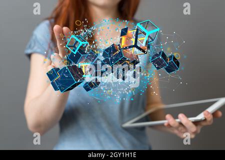 Closeup shot of a woman touching Cloud technology Polygonal wire frame art looks like constellation Stock Photo