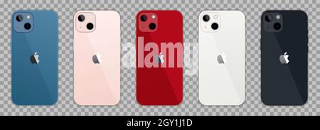 Vinnytsia, Ukraine - October 6, 2021. New iPhone 13. New Pink, New Blue, New Midnight, New Starlight, New Red color by Apple inc. Mockup iPhone front Stock Vector