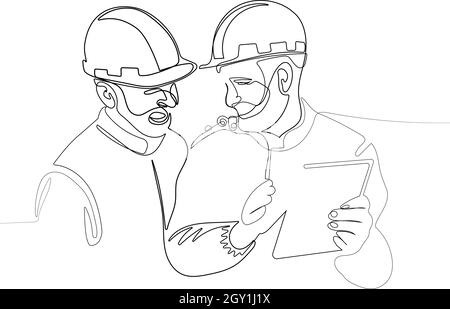 Caucasian man with helmet on head using tablet Stock Vector