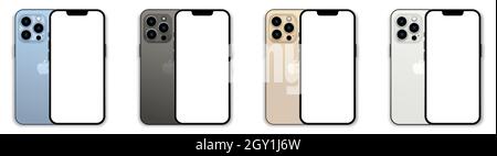 Vinnytsia, Ukraine - October 6, 2021. Set of new iphone 13 pro / pro max in four colors (Sierra Blue, Graphite, Gold, Silver) by Apple Inc. Mock-up sc Stock Vector