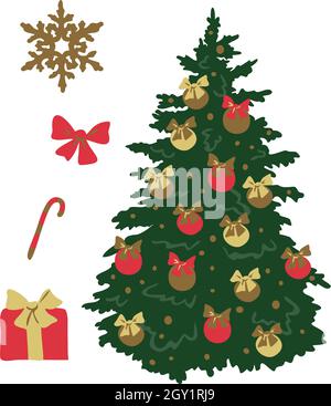 Vector illustration with Christmas decorations. Isolated Christmas tree with baubles, present with bowknot, gold snowflake, candy cane. Stock Vector
