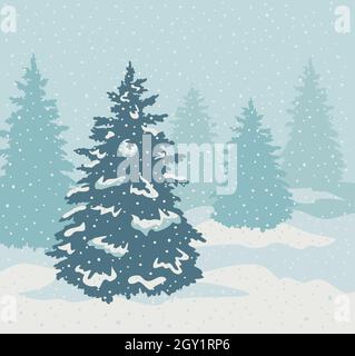 Vector illustration of winter landscape with spruces. Christmas trees in snow. Landscape with snowfall. Stock Vector