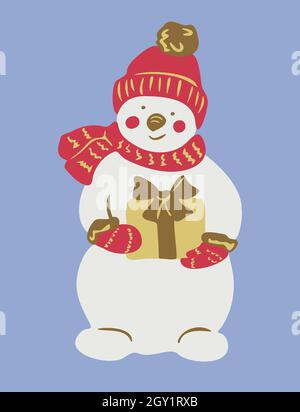 Vector illustration of snowman with present in his hands. Isolated snowman is wearing cap, scarf and gloves. Stock Vector