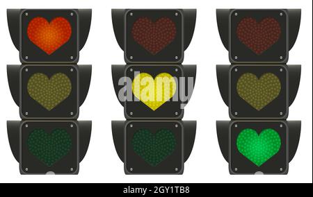 Love traffic lights three color heart shape creative concept. Road sign, three colors. Vector illustration isolated on white. Stock Vector