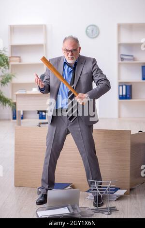 Old businessman employee holding baseball bat in the office Stock Photo