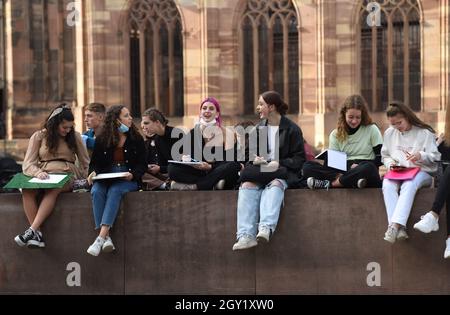 French Students Studying Outdoors On Location In Strasbourg France