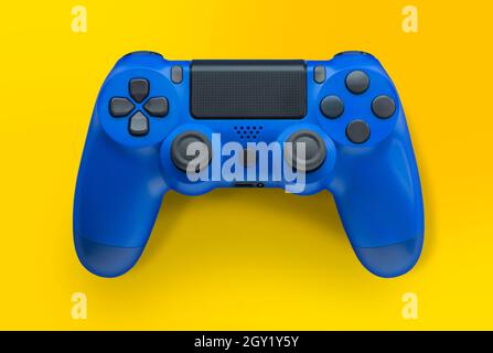 Blue video game controller isolated on a yellow background Stock Photo