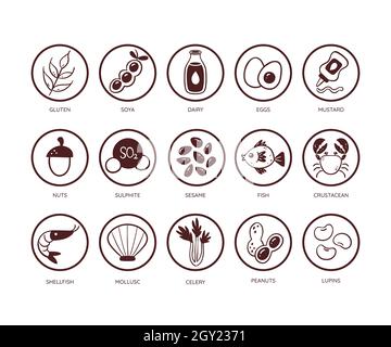 Food allergen icon set. Icons of the main ingredients that must be declared as allergens. Very useful for restaurant menus and meals. Monochromatic ve Stock Vector