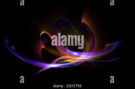 3D illustration or 3D rendering. Colorful abstract lights effects on black background. Long exposure light painting technique. Stock Photo