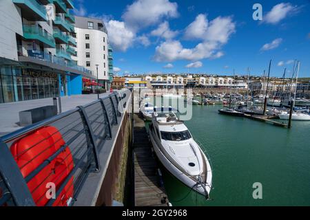 Apartments and moored yachts at Brighton Marina, Brighton, East Sussex, England, Uk Stock Photo