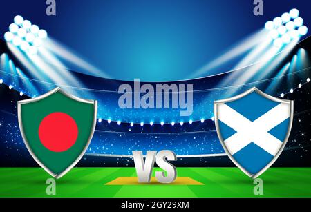 Bangladesh Vs Scotland in a Cricket Match Face to Face with Versus Sign. 3D Rendered Stage championship concept backdrop Stock Photo