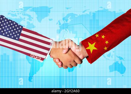 Two Businessman shaking hands with Each Other, Trading Concept Background Between United States and China. Peace backdrop Stock Photo