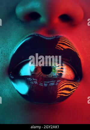Red Orange an Blue Green Horror Alien Woman with Open Mouth with Wet Eyeball Black Lip Gloss 80s Stylised Lighting Halloween Face 3d illustration rend Stock Photo