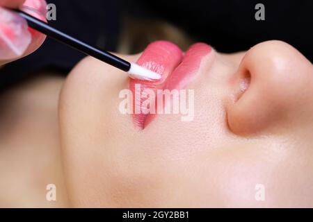 Girl Model is Lying on the Lip Tattoo Procedure the Master Applies  Anesthesia To the Lips with a Small Brush Stock Image - Image of care,  applies: 230299093