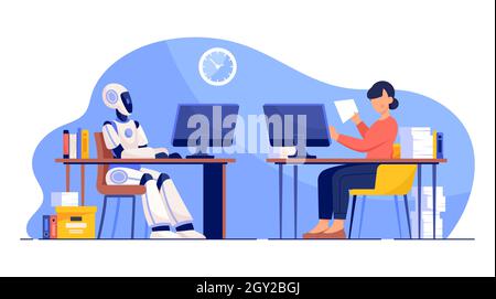 Human and robot working concept Stock Vector