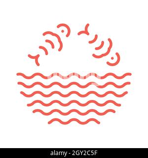 Fish jumping from water waves logo. Poke bowl logotype Stock Vector