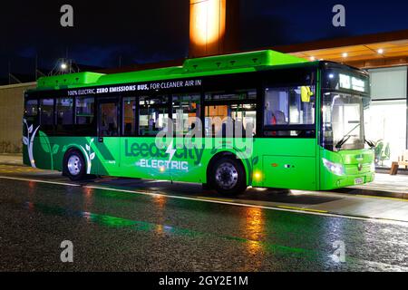 A 100% electric bus running at the newly opened fully solar powered park and ride at Stourton in Leeds - West Yorkshire,UK Stock Photo