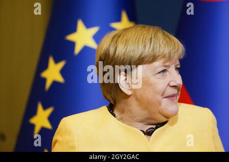 Brdo Pri Kranju, Slovenia. 06th Oct, 2021. German Chancellor Angela Merkel arrives at the EU-Western Balkans Summit in Brdo pri Kranju. (Photo by Luka Dakskobler/SOPA Images/Sipa USA) Credit: Sipa USA/Alamy Live News Stock Photo