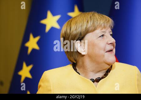 Brdo Pri Kranju, Slovenia. 06th Oct, 2021. German Chancellor Angela Merkel arrives at the EU-Western Balkans Summit in Brdo pri Kranju. Credit: SOPA Images Limited/Alamy Live News Stock Photo