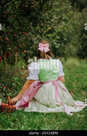 Unrecognizable woman picking up ripe apples in garden. Girl in cute long peasant dress. Organic village lifestyle, agriculture, gardener occupation Stock Photo