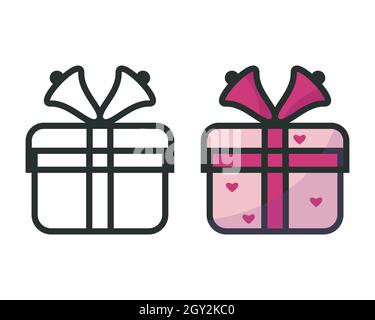 Present, gift box icons set. Flat cartoon design Vector. Black outline, decorative pink colored illustration, bells, hearts Stock Vector