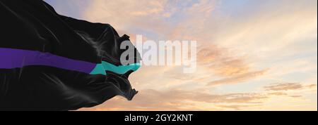 Thin Purple-Teal Line flag waving at cloudy sky background on sunset, panoramic view. Suicide awareness and prevention flag. copy space for wide banne Stock Photo