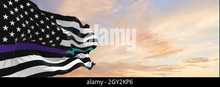 Thin Purple-Teal Line USA flag waving at cloudy sky background on sunset, panoramic view. Suicide awareness and prevention flag. copy space for wide b Stock Photo