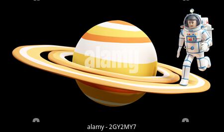 Astronaut in spacesuit on the rings of Saturn Stock Photo