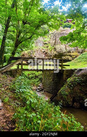 Bridge over creek with stone wall and structure on cliff in green forest Stock Photo