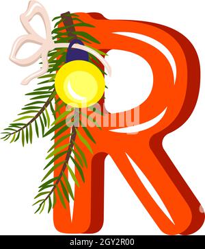 Red letter R with green Christmas tree branch, ball with bow. Festive font for Happy New Year and bright alphabet Stock Vector
