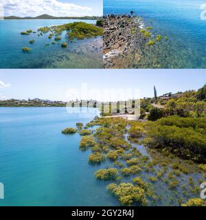 Collection of photos of the bay at Sarina Beach, Queensland, Australia, showing beautiful blue water at the boat loading ramp Stock Photo