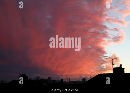 Fire sky, sunset clouds looking like a fire. Stock Photo