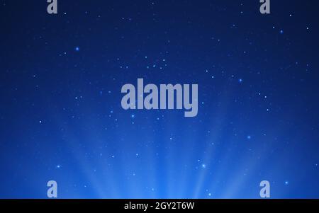 Night sky background with lights. Dark universe and white stars. Cosmos texture and spotlights. Realistic space with stardust. Blue Milky way. Vector Stock Vector